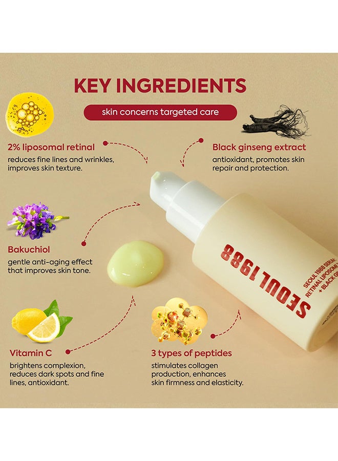 K-SECRET SEOUL 1988 Serum : Retinal Liposome 2% + Black Ginseng, 30ml/1.01fl.oz | 58% Black Ginseng Extract With Retinal, Bakuchiol, Vitamin C & 3 Peptides For Wrinkle Care - Image 2