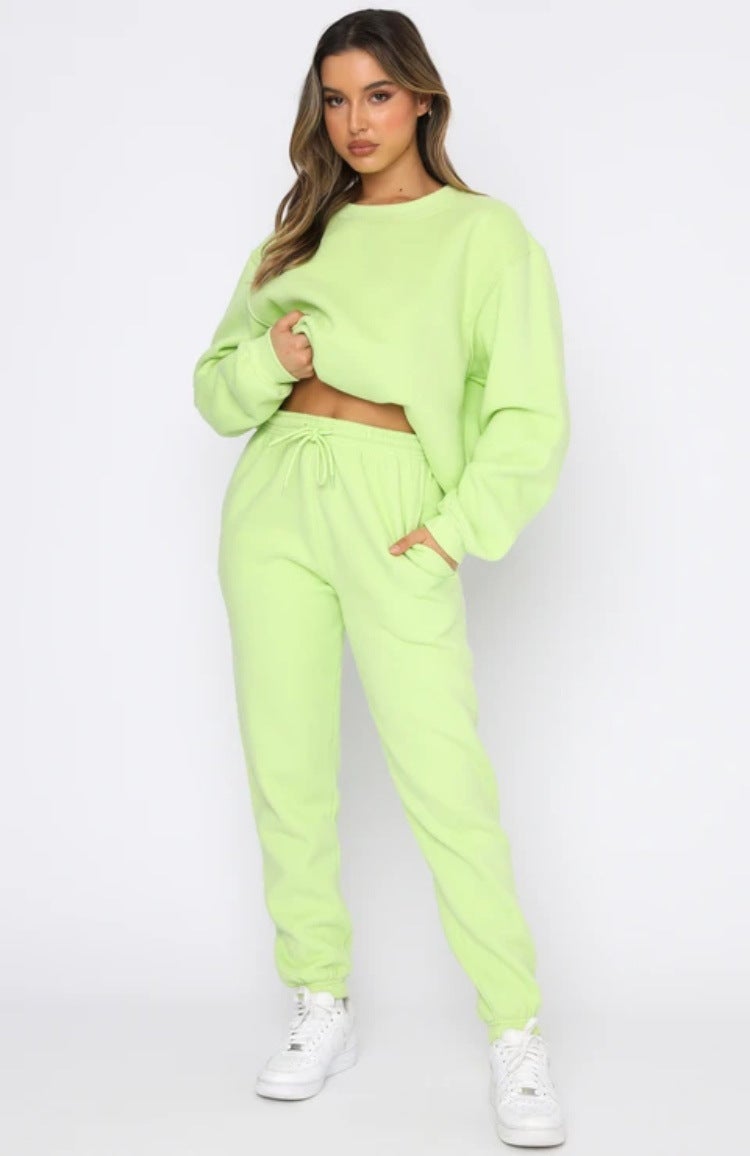 Autumn Winter Solid Round Neck Sweater Pants Set fluorescent green fluorescent green