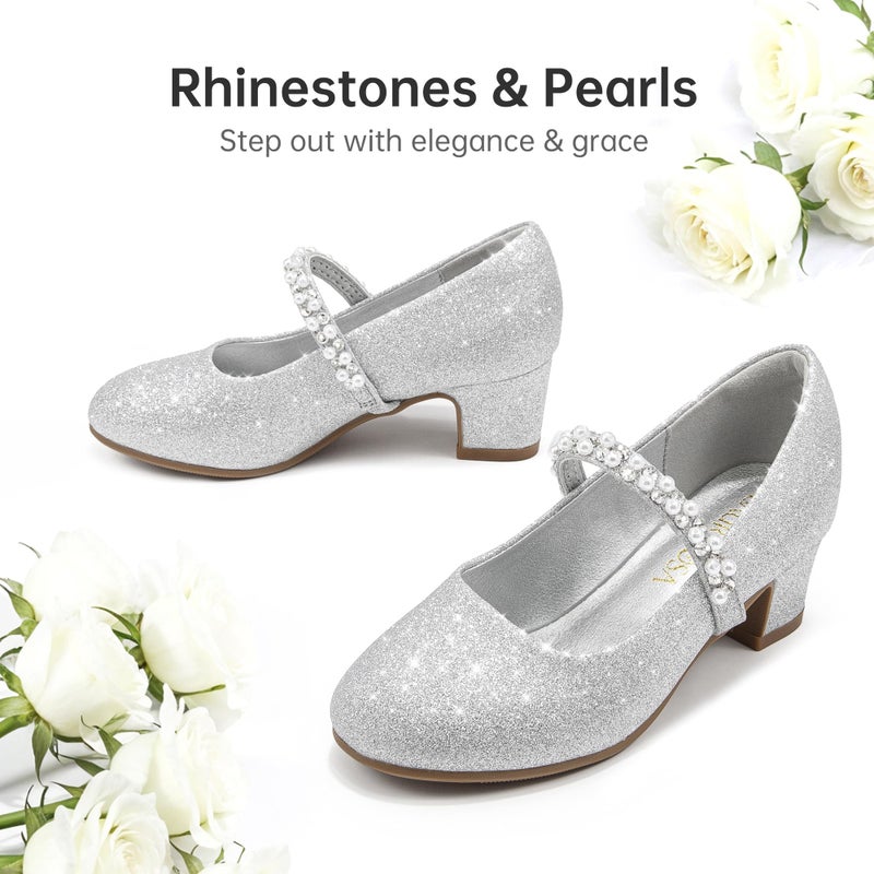 LAURMOSA Girls Dress Shoes Glitter Princess Shoe Flower Mary Jane High Heels Party Wedding Prom Shoes Heels for Girls Silver Girl Pumps for Wedding Party Dinner Size 1 Big Girl(L1039ShSilver 1) - Image 4