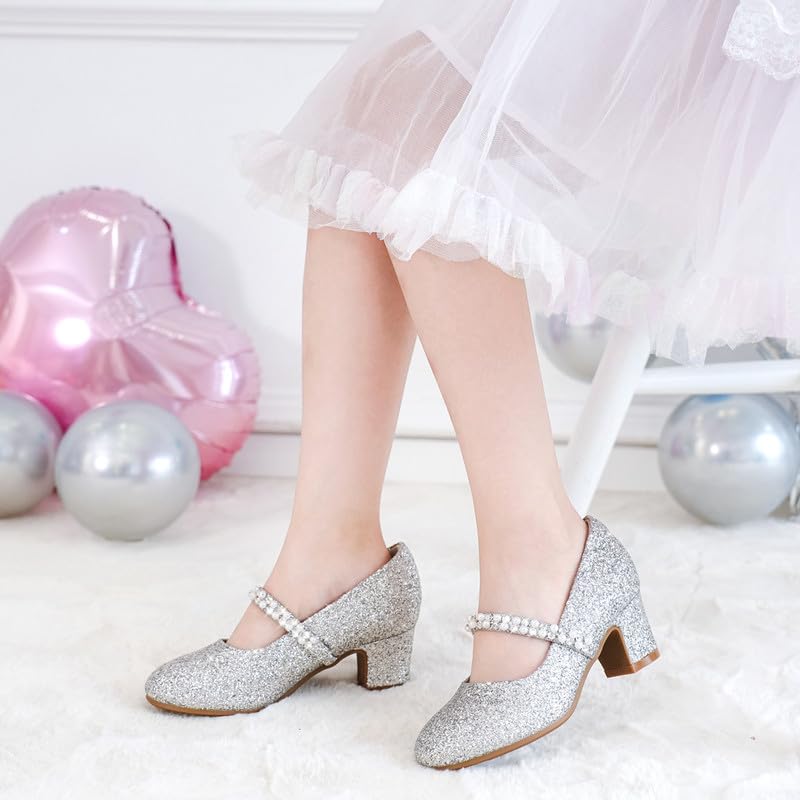 LAURMOSA Girls Dress Shoes Glitter Princess Shoe Flower Mary Jane High Heels Party Wedding Prom Shoes Heels for Girls Silver Girl Pumps for Wedding Party Dinner Size 1 Big Girl(L1039ShSilver 1) - Image 3