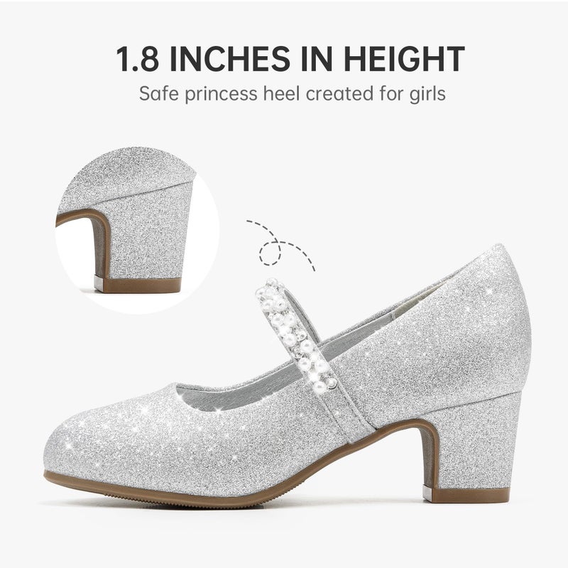 LAURMOSA Girls Dress Shoes Glitter Princess Shoe Flower Mary Jane High Heels Party Wedding Prom Shoes Heels for Girls Silver Girl Pumps for Wedding Party Dinner Size 1 Big Girl(L1039ShSilver 1) - Image 5