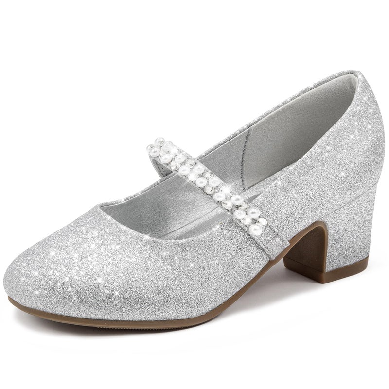 LAURMOSA Girls Dress Shoes Glitter Princess Shoe Flower Mary Jane High Heels Party Wedding Prom Shoes Heels for Girls Silver Girl Pumps for Wedding Party Dinner Size 1 Big Girl(L1039ShSilver 1) - Image 1