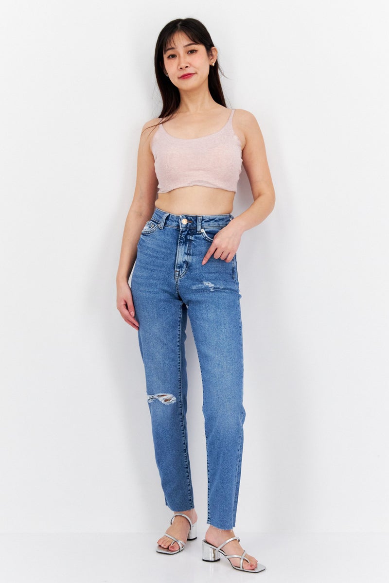 NEW LOOK Women Mom Fit Washed Stretchable Denim, Blue - Image 2