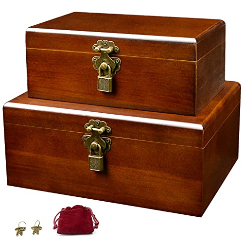HalaGong Set of 2 Wooden Storage Boxes Container with Hinged Lid, Large Wood Craft Keepsake Decorative Box with Lock and Key, Small Chest Memory Gift Box for Jewelry Christmas Wedding Travel Trinket Treasure - Image 1