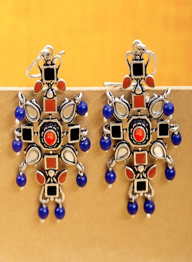 Voylla Oxidised Silver Plating Kesar Tribal Jewelry Inspired Earrings Blue Red Pearl Beads Studed for Women and Girls - Image 2