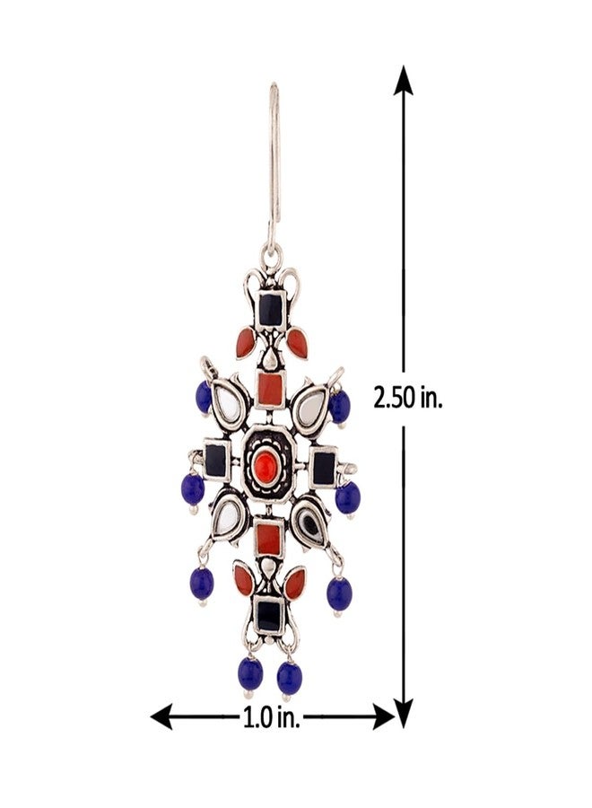 Voylla Oxidised Silver Plating Kesar Tribal Jewelry Inspired Earrings Blue Red Pearl Beads Studed for Women and Girls - Image 5