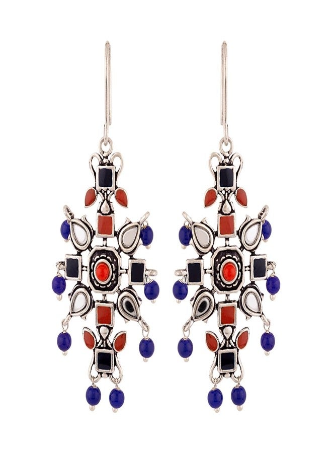 Voylla Oxidised Silver Plating Kesar Tribal Jewelry Inspired Earrings Blue Red Pearl Beads Studed for Women and Girls - Image 1