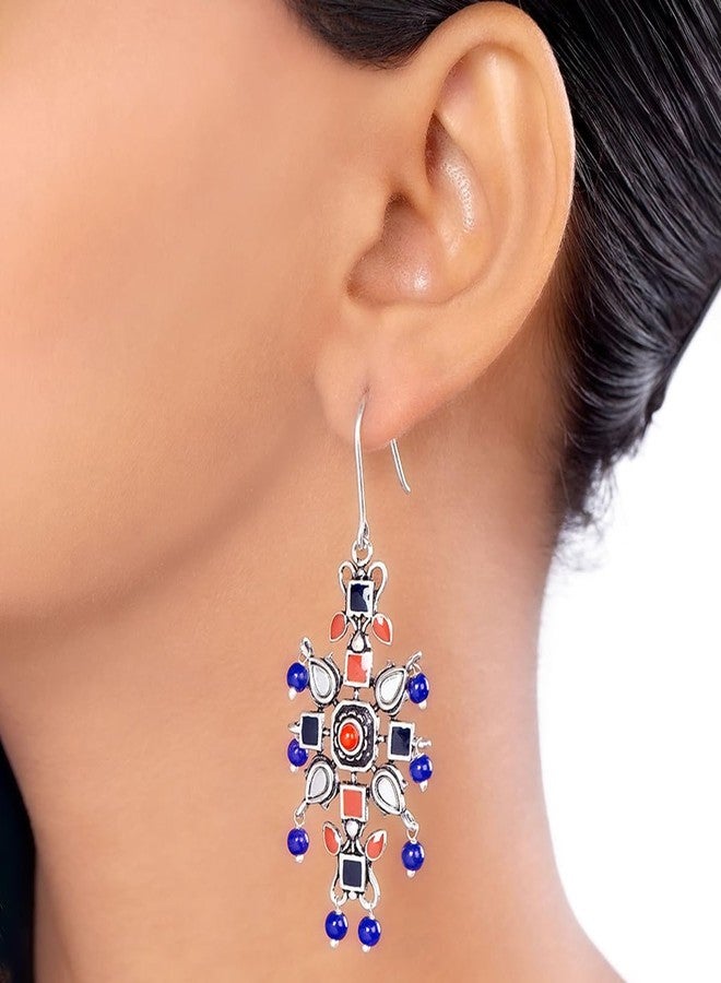 Voylla Oxidised Silver Plating Kesar Tribal Jewelry Inspired Earrings Blue Red Pearl Beads Studed for Women and Girls - Image 3