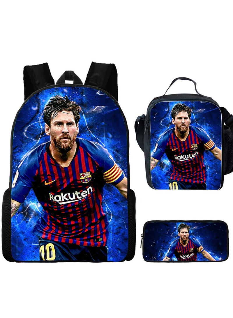 MESSI Children Backpack Daypack Schoolbag Teen Boys School Book bag with Lunch Box Pen Case 3 in 1