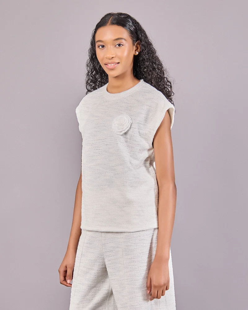 Redtag Senior Girls White And Silver Tweed Top