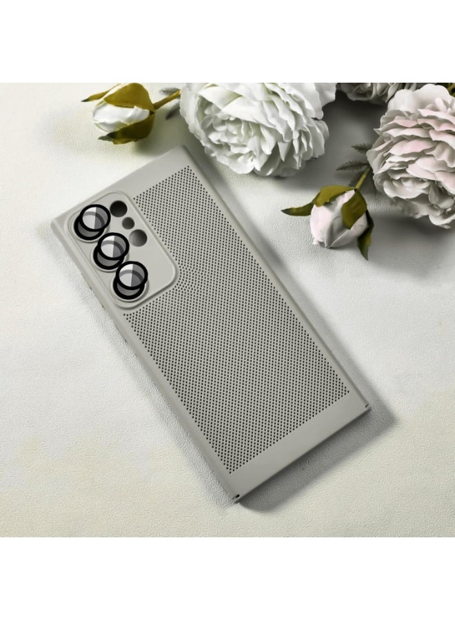 Heat Dissipation Case with Built in Camera Lens Protector Slim Fit Breathable Cooling Anti Fingerprint Hard PC Back Shockproof Cover For Samsung Galaxy S24 Ultra (Grey) - Image 1