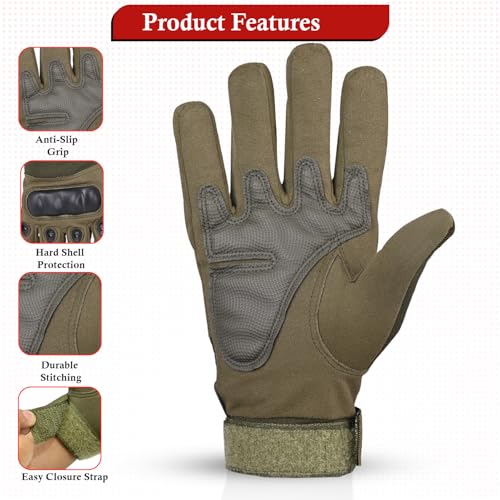 Pivalo Full Finger Bike Riding Gloves with Strong Protective Shells Anti-Skid Surface Breathable Material Glove for Motorcycle Cycling Climbing Mountaineering (Military Green, L) - Image 5