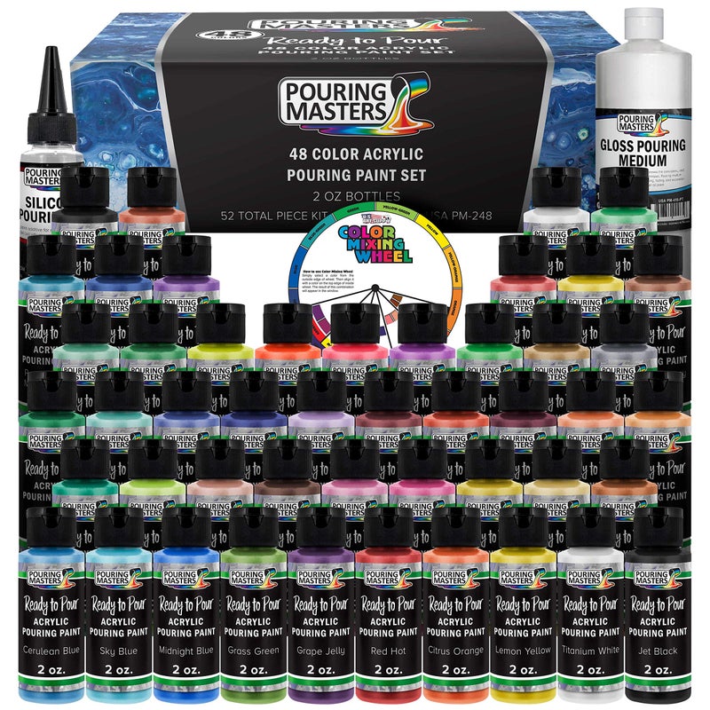 Pouring Masters 48 Color Metallic Ready to Pour Acrylic Pouring Paint Set 2oz Bottles Acrylic Paint Pour Supplies Silicone Oil Gloss Medium Premium PreMixed High Flow