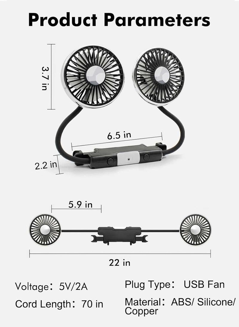 Sharpdo Car Fan Cooling for Backseat, 3 Speeds 360° Dual Head Hose Car Seat Fan with Led Lights, Portable USB Fan for Vehicles RV SUV Truck - Image 5