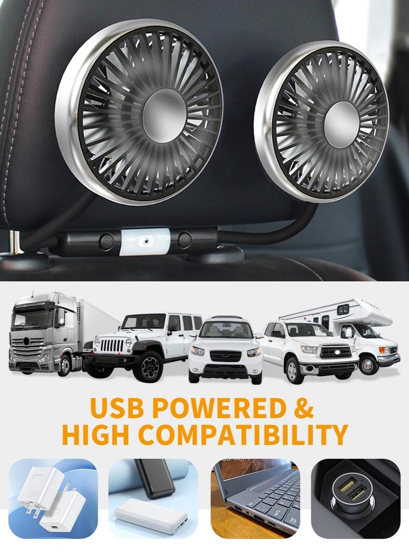 Sharpdo Car Fan Cooling for Backseat, 3 Speeds 360° Dual Head Hose Car Seat Fan with Led Lights, Portable USB Fan for Vehicles RV SUV Truck - Image 4