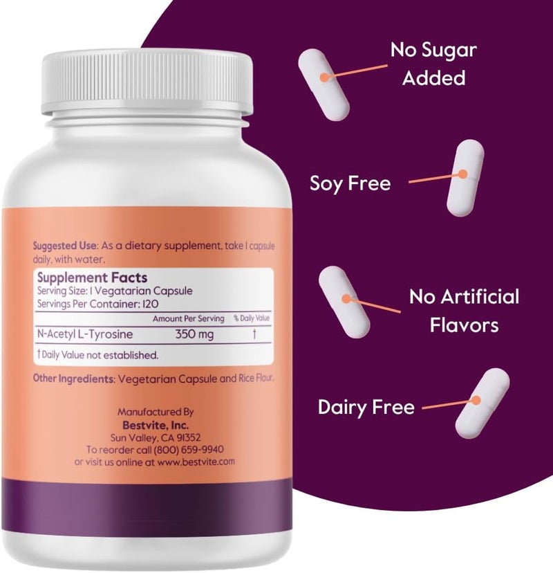 BESTVITE NAcetyl LTyrosine 350mg NALT 120 Capsules  No Stearates  Non GMO  Gluten Free - Image 2