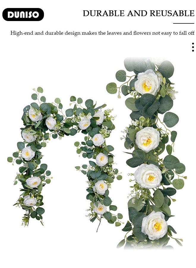 DUNISO - Artificial Greenery Garland with Flowers, Leaf Eucalyptus Garland Hanging for Wedding Home Party Craft Art Table Runner Backdrop Indoor Outdoor Decor - Image 1