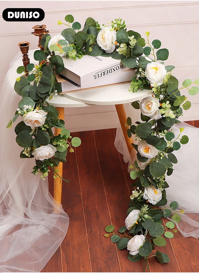 DUNISO - Artificial Greenery Garland with Flowers, Leaf Eucalyptus Garland Hanging for Wedding Home Party Craft Art Table Runner Backdrop Indoor Outdoor Decor - Image 1