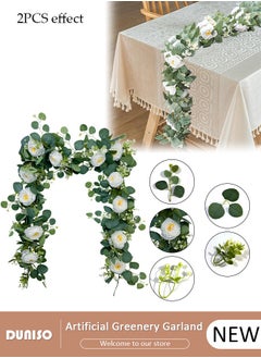 Artificial Greenery Garland with Flowers, Leaf Eucalyptus Garland Hanging for Wedding Home Party Craft Art Table Runner Backdrop Indoor Outdoor Decor