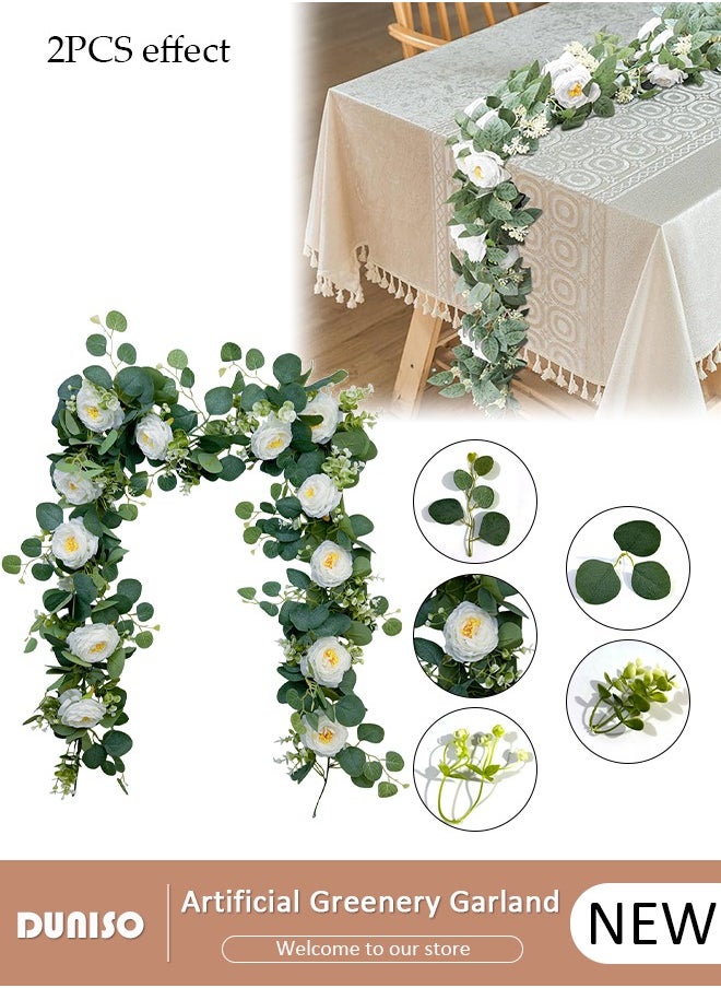 DUNISO - Artificial Greenery Garland with Flowers, Leaf Eucalyptus Garland Hanging for Wedding Home Party Craft Art Table Runner Backdrop Indoor Outdoor Decor - Image 1