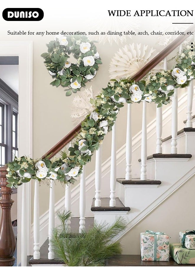 DUNISO - Artificial Greenery Garland with Flowers, Leaf Eucalyptus Garland Hanging for Wedding Home Party Craft Art Table Runner Backdrop Indoor Outdoor Decor - Image 1