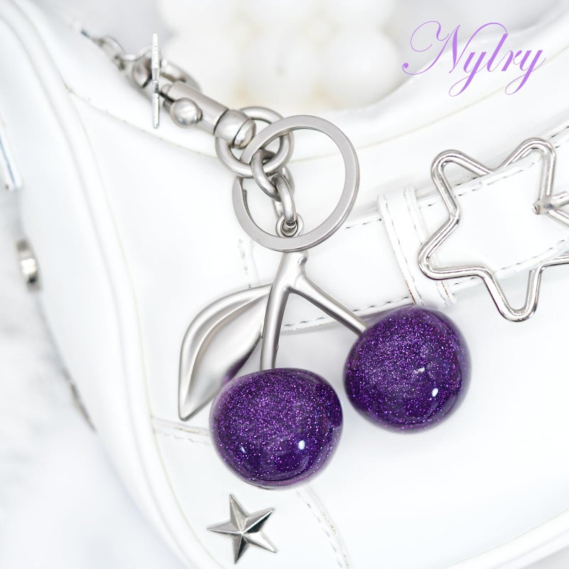 Nylry Cherry Bag Charm Keychain - Cute Purse Accessories for Handbags - Aesthetic Y2K Kawaii Gifts for Women - Purple - Image 5