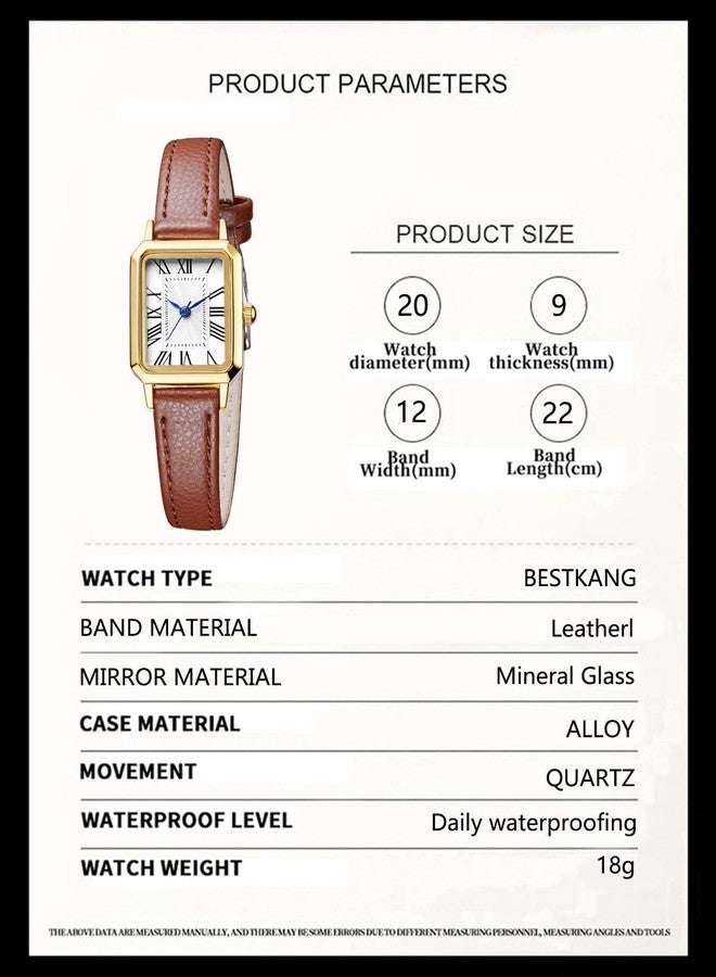 BESTKANG Leather Strap Watches for Women Elegant Dainty Ladies Watch Vintage Rectangle Women Quartz Wrist Watch, Brown Gold White, vintage - Image 5
