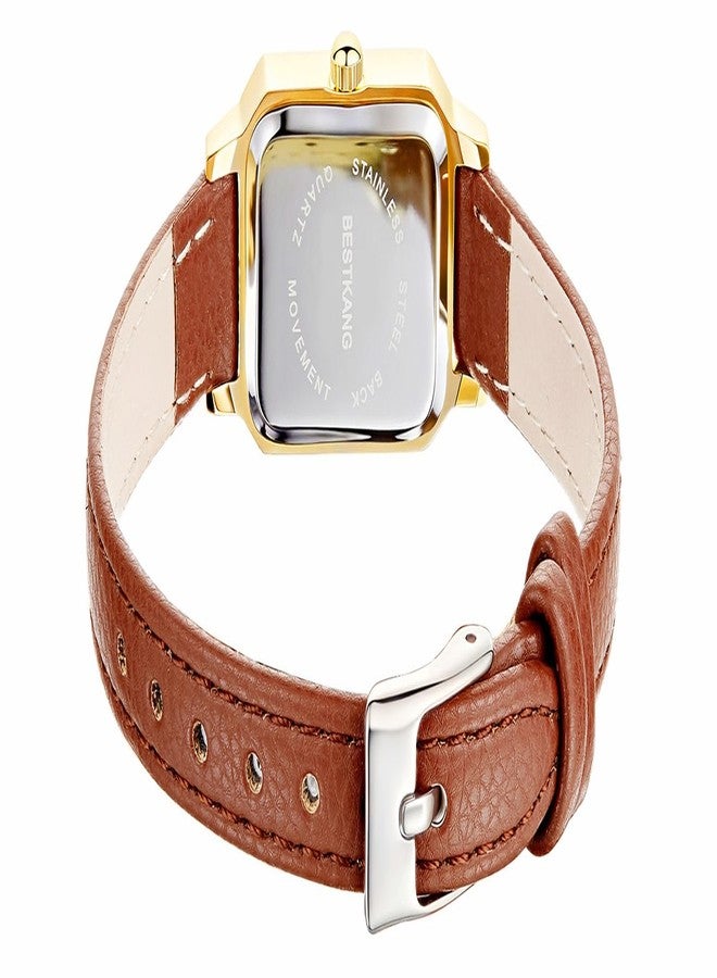 BESTKANG Leather Strap Watches for Women Elegant Dainty Ladies Watch Vintage Rectangle Women Quartz Wrist Watch, Brown Gold White, vintage - Image 3