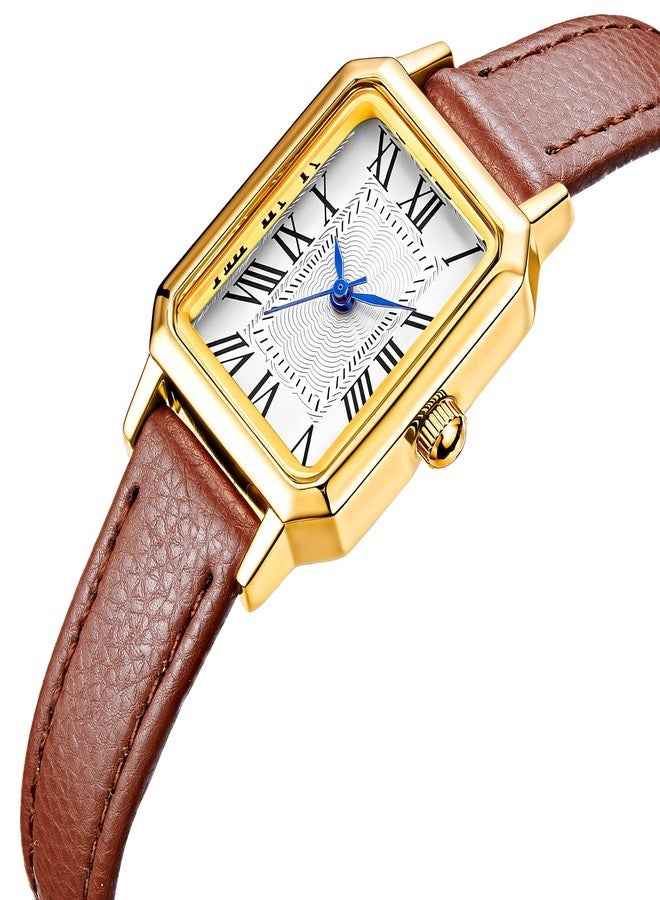 BESTKANG Leather Strap Watches for Women Elegant Dainty Ladies Watch Vintage Rectangle Women Quartz Wrist Watch, Brown Gold White, vintage - Image 2