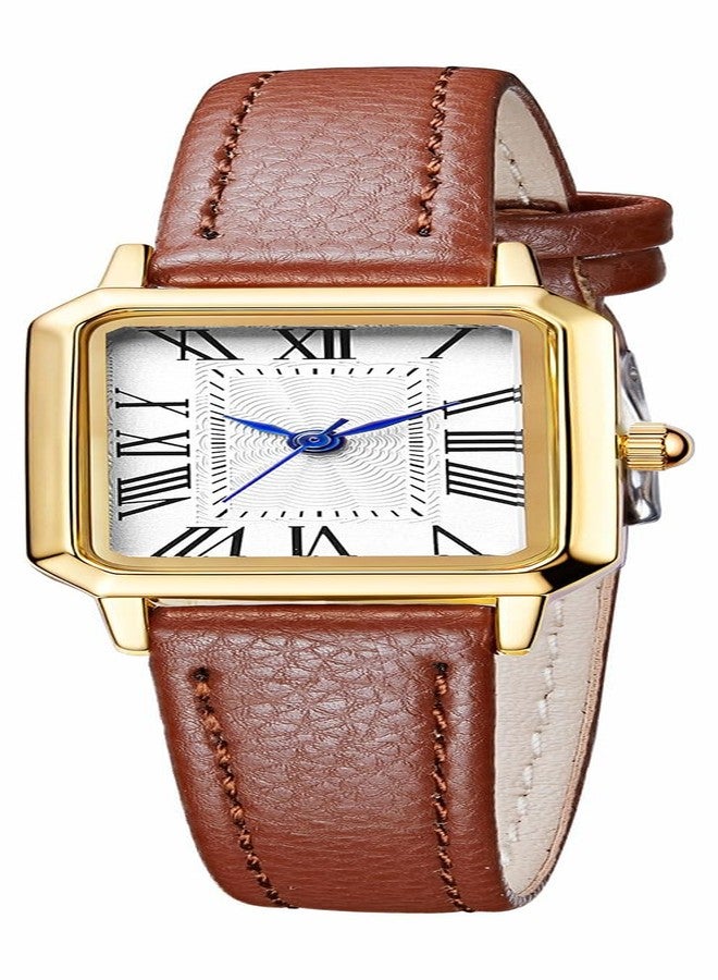 BESTKANG Leather Strap Watches for Women Elegant Dainty Ladies Watch Vintage Rectangle Women Quartz Wrist Watch, Brown Gold White, vintage - Image 1