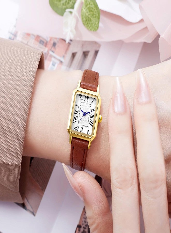 BESTKANG Leather Strap Watches for Women Elegant Dainty Ladies Watch Vintage Rectangle Women Quartz Wrist Watch, Brown Gold White, vintage - Image 4
