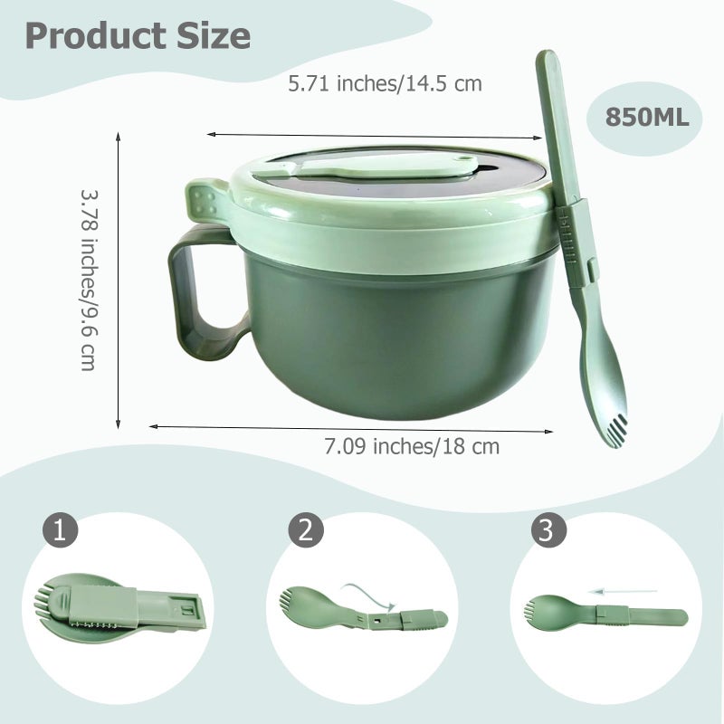 Hoceium Unbreakable Microwave Soup Bowl with Handles,28.7oz Large Oatmeal Mug Ramen Bowl with Spoon,Travel Meal Prep Containers Cereal Bowl Crunch Cup for Gumbo,Salad,Instant Noodles,Cereal&More(850ML) - Image 2