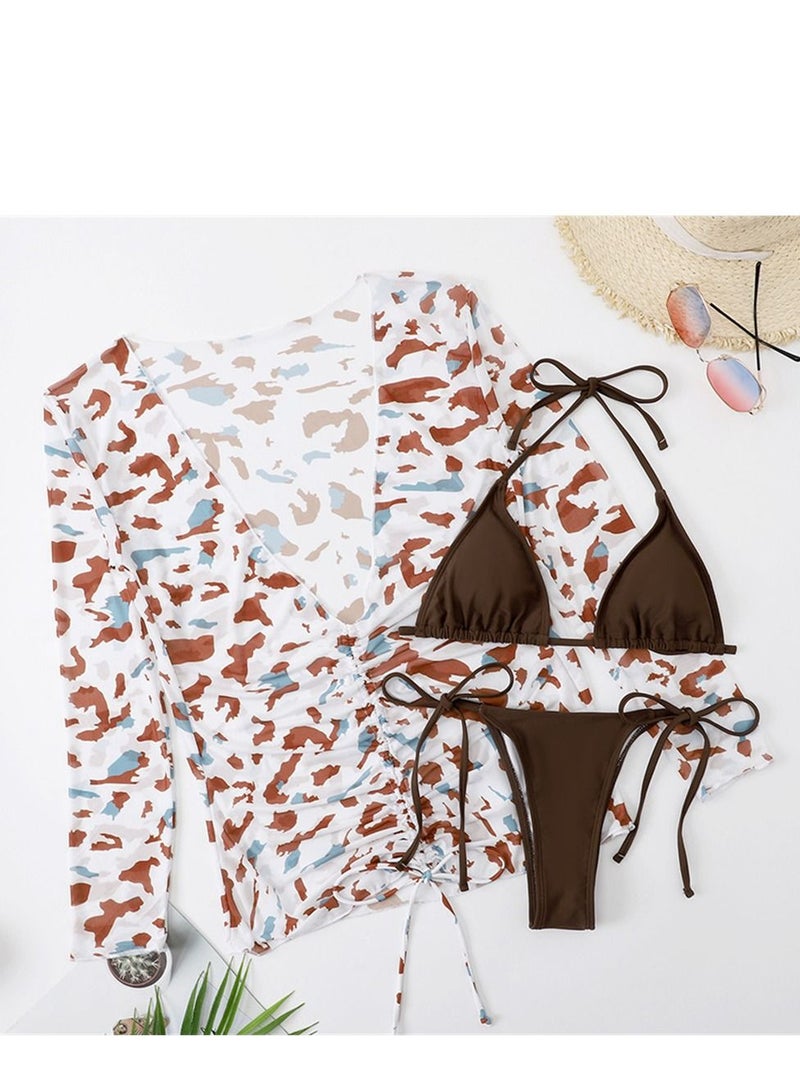 Loquat 3 Piece Swimsuit Print Halter Strappy Swimsuit Bikini Brown - Image 1