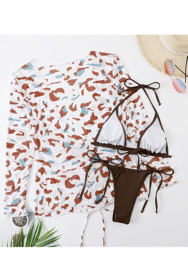 Loquat 3 Piece Swimsuit Print Halter Strappy Swimsuit Bikini Brown - Image 2