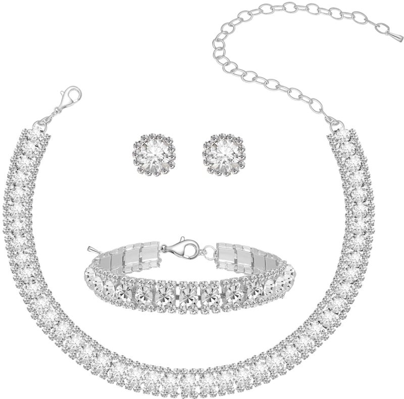 Paxuan Women Rhinestone Crystal Jewelry Set Tennis Design Rhinestone Choker Necklace Link Bracelet Teardrop Earrings Set Wedding Bridal Bridesmaids Party (Silver Plated White Crystalï¼ˆ2ï¼‰) - Image 1
