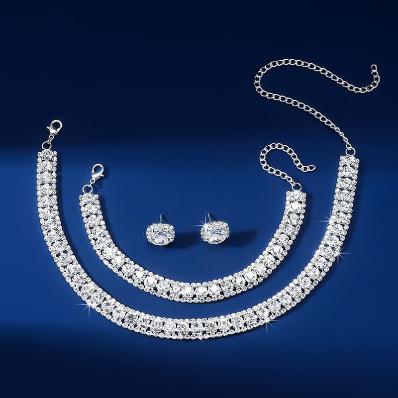 Paxuan Women Rhinestone Crystal Jewelry Set Tennis Design Rhinestone Choker Necklace Link Bracelet Teardrop Earrings Set Wedding Bridal Bridesmaids Party (Silver Plated White Crystalï¼ˆ2ï¼‰) - Image 5