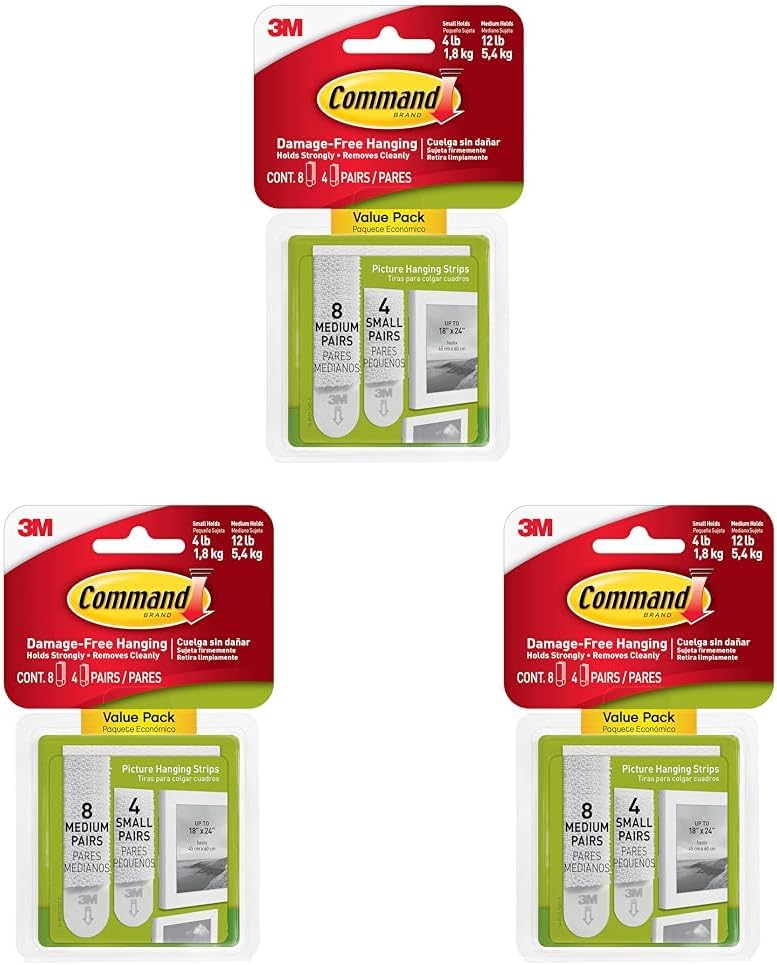 Command Picture Hanging Strips Variety Pack, Damage Free Hanging Picture Hangers, No Tools Wall Hanging Strips for Living Spaces, White, 16 Small Pairs and 32 Medium Pairs (96 Strips) (Pack of 3) - Image 1