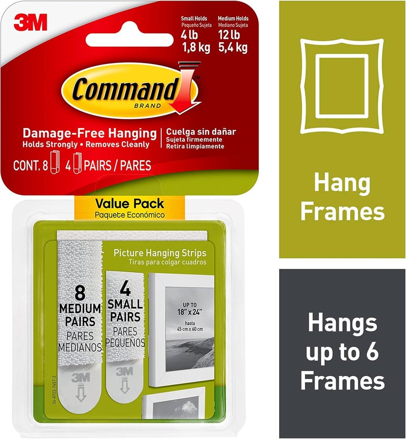 Command Picture Hanging Strips Variety Pack, Damage Free Hanging Picture Hangers, No Tools Wall Hanging Strips for Living Spaces, White, 16 Small Pairs and 32 Medium Pairs (96 Strips) (Pack of 3) - Image 2