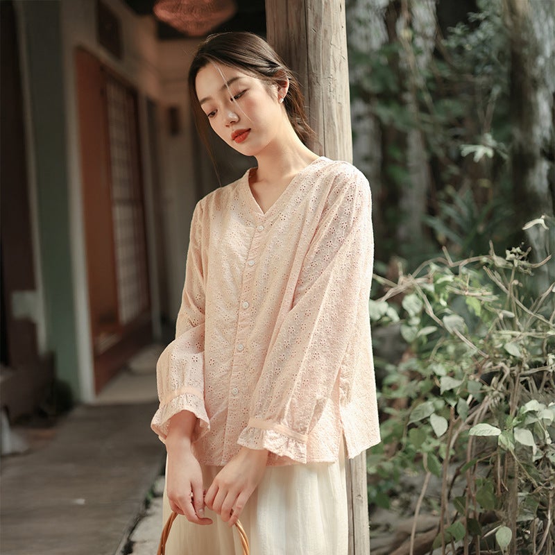 Literary style womens clothing 2025 spring new embroidered V-neck shirt womens high-end sense long sleeve Joker top wholesale Princess Powder - Image 5