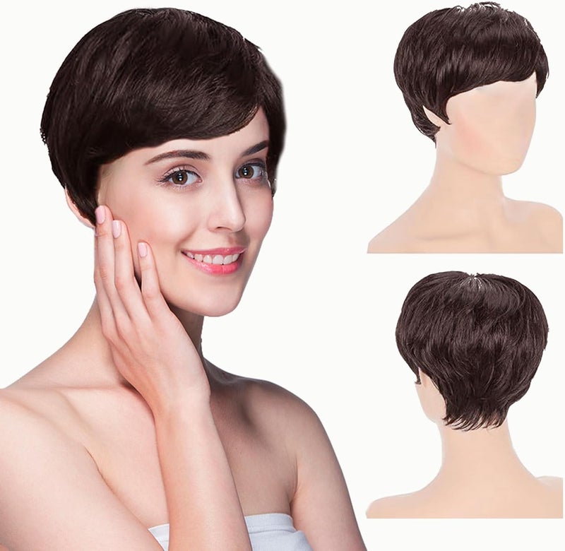 Short Drak Brown Hair Wigs for Women Cut Wigs for Women Natural Looking Wig With Bangs Hair Wig for Daily Party Cosplay Use Brown