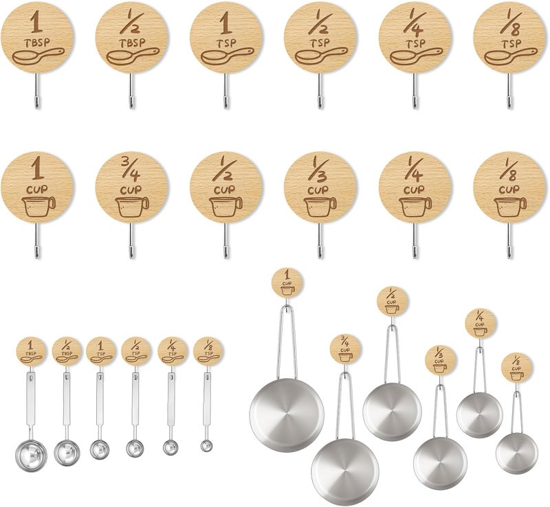 Verigud Measuring Cup and Spoon Organizer, 12 Pack Adhesive Wood Hooks for Hanging, Kitchen Hooks for Space Saving Storage - Image 1