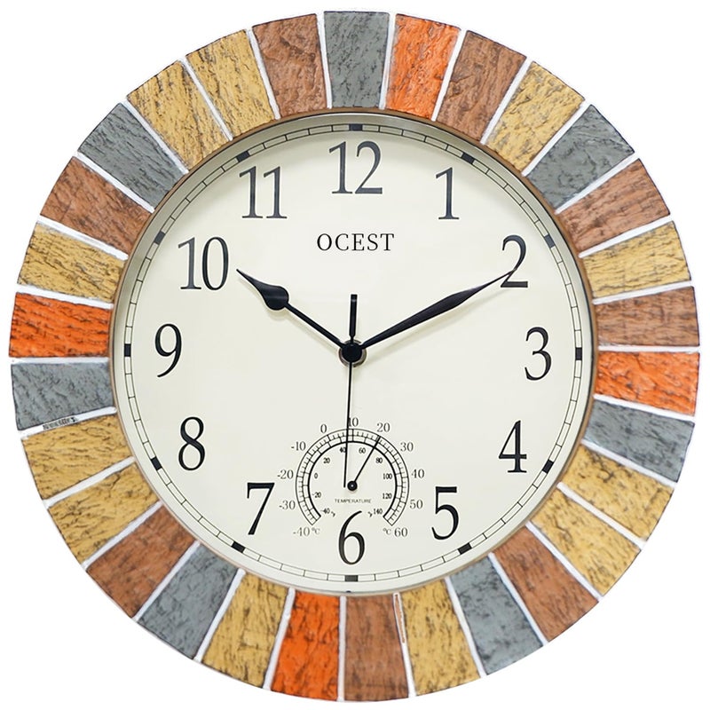 OCEST OCEST 13 Inch Indoor Outdoor Clock Waterproof with Thermometer WeatherResistant NonTicking Battery Operated Decor Clock for Patio Pool Lanai Fence Porch Garden Yellow 