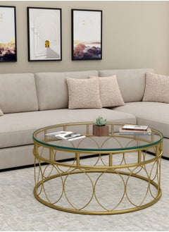 RIGID Steel Round Coffee Table with Glass Top Gold 45x100x100cm  - Image 1