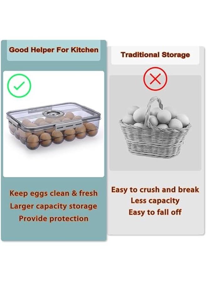 Plastic Egg Holder for Fridge, Egg Container for Refrigerator, Egg Organizer, Plastic Egg Storage Box with Time Reminer and Lid- Reusable Egg Carton Tray Stackable (Large-hold 24 eggs)