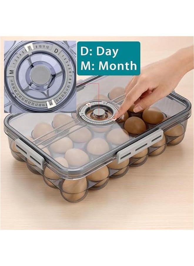 Plastic Egg Holder for Fridge, Egg Container for Refrigerator, Egg Organizer, Plastic Egg Storage Box with Time Reminer and Lid- Reusable Egg Carton Tray Stackable (Large-hold 24 eggs)