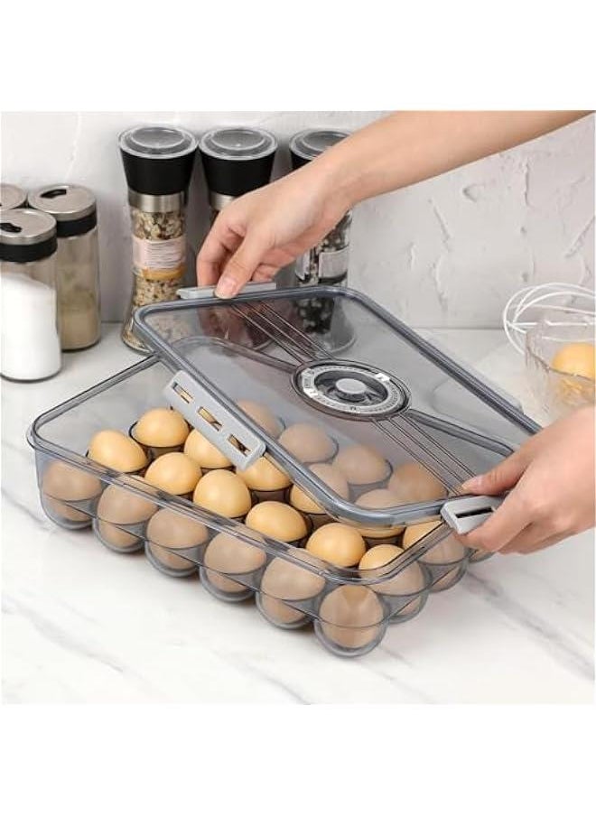 Plastic Egg Holder for Fridge, Egg Container for Refrigerator, Egg Organizer, Plastic Egg Storage Box with Time Reminer and Lid- Reusable Egg Carton Tray Stackable (Large-hold 24 eggs)