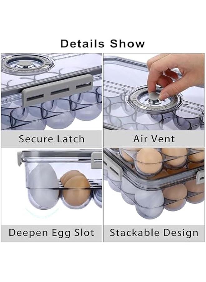 Plastic Egg Holder for Fridge, Egg Container for Refrigerator, Egg Organizer, Plastic Egg Storage Box with Time Reminer and Lid- Reusable Egg Carton Tray Stackable (Large-hold 24 eggs)