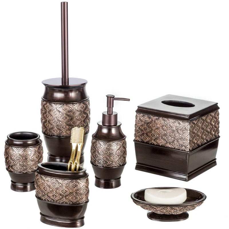 Creative Scents Dublin Brown Bathroom Accessories Set  6Piece Bathroom Set Includes Toilet Bowl Brush Tissue Box Cover Decorative Soap Dispenser Soap Dish Tumbler and Toothbrush Holder