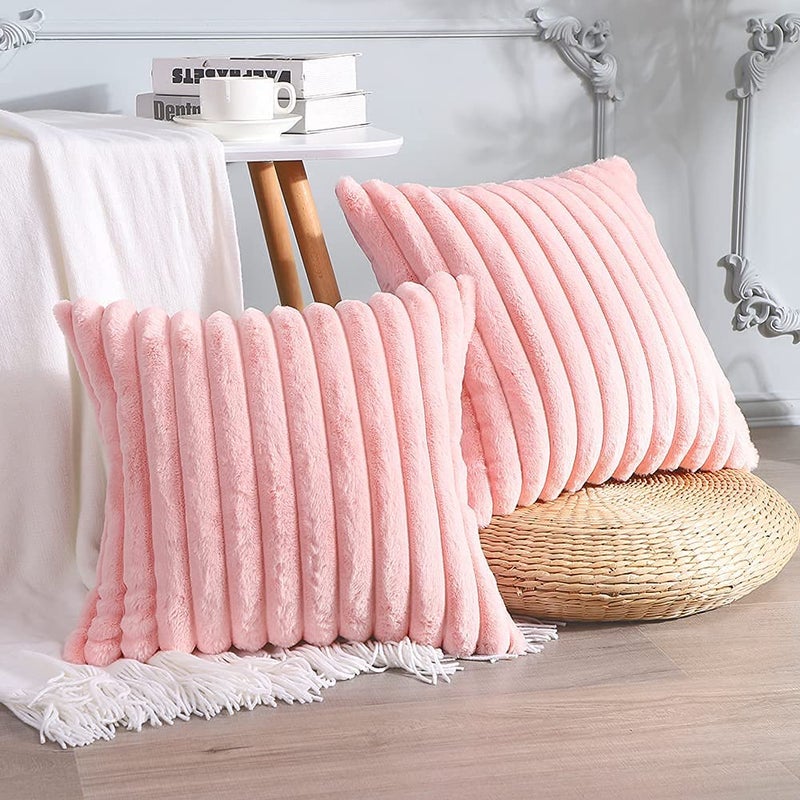 Soleebee Set of 2 Throw Pillow Covers Soft Cozy Velvet Pillowcase Faux Rabbit Fur Cover for Couch Sofa Bed Chair Home Decorative Pillows Cover (18x18 Inch  Pink)