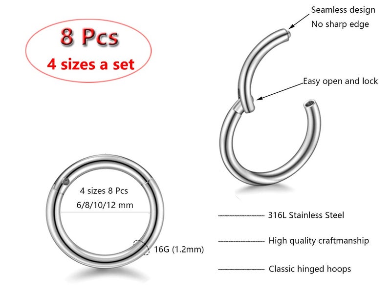 HQLA 16G Hypoallergenic Nose Rings 316L Surgical Steel Piercing Jewelry Hinged Segment Ring Body Piercing Septum Nose Hoop Lip Rings Nose Helix Cartilage Rook Earrings (16G 4Pairs 6/8/10/12mm Steel) - Image 3